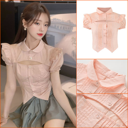 Summer new doll collar short-sleeved hollow shirt top gray bow pleated skirt set L4107