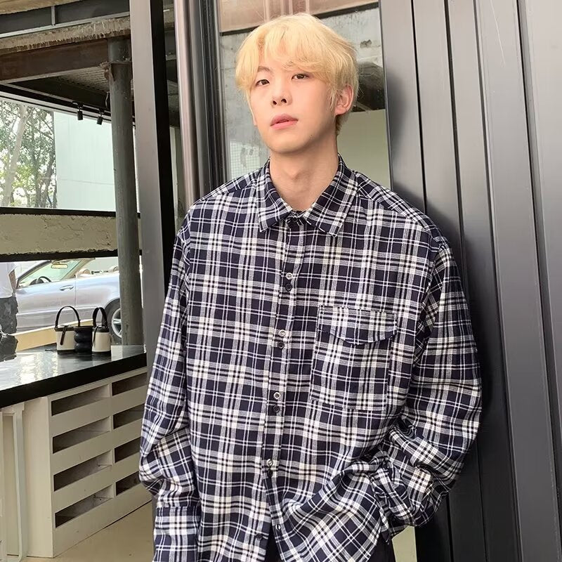 sanyamk Skater Boy Outfits American Retro Couple Plaid Shirt Long Sleeve Men Design Sense Niche Lazy Style All-Match Coat Shirt Fashion