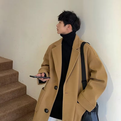 sanyamk old money outfits men Woolen Overcoat Men's Mid-Length Winter High-Grade High Street Black Woolen Trench Coat Winter Thickened Coat Cotton-Padded Coat Fashion