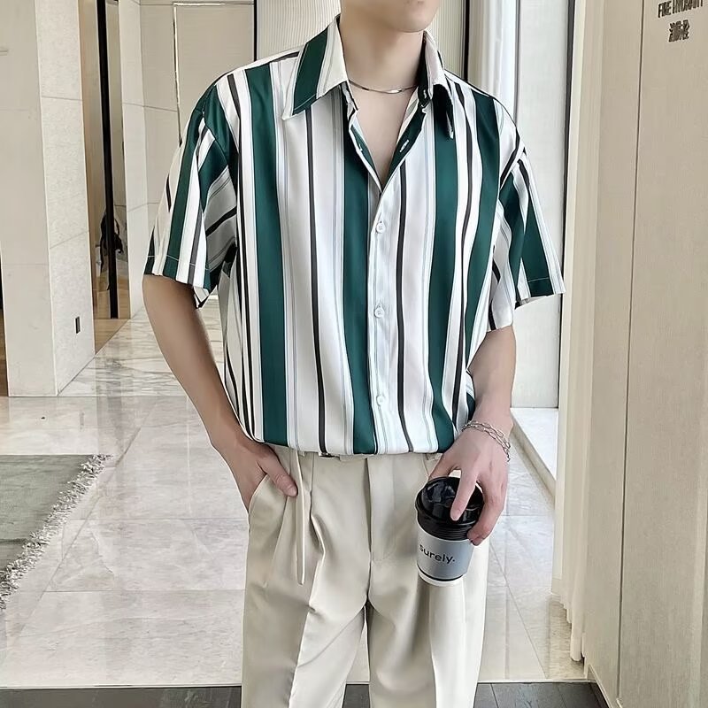 sanyamk 90s fashion men Prohibited Ice Silk Draping Striped Short Sleeve Shirt Men's Ins Hong Kong Style Summer Half Sleeve Casual Shirt Fashion