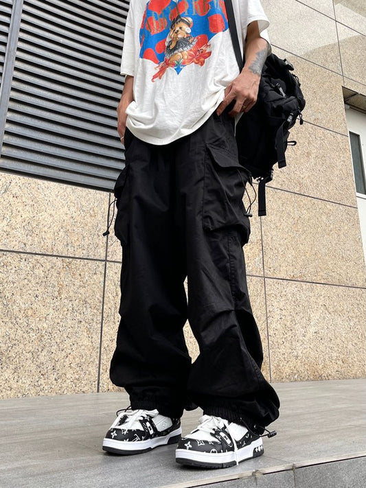 Bonsir boy outfits Japanese Harajuku Style American Style Wide Leg High Street Multi-Pocket Drawstring Casual Pants Loose Oversize Overalls