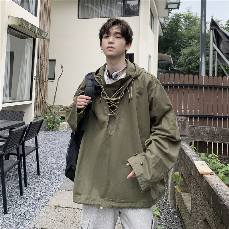 sanyamk 90s fashion Workwear Sweater Men's Japanese Ins Spring and Autumn Hooded Top Loose Pullover Casual Jacket