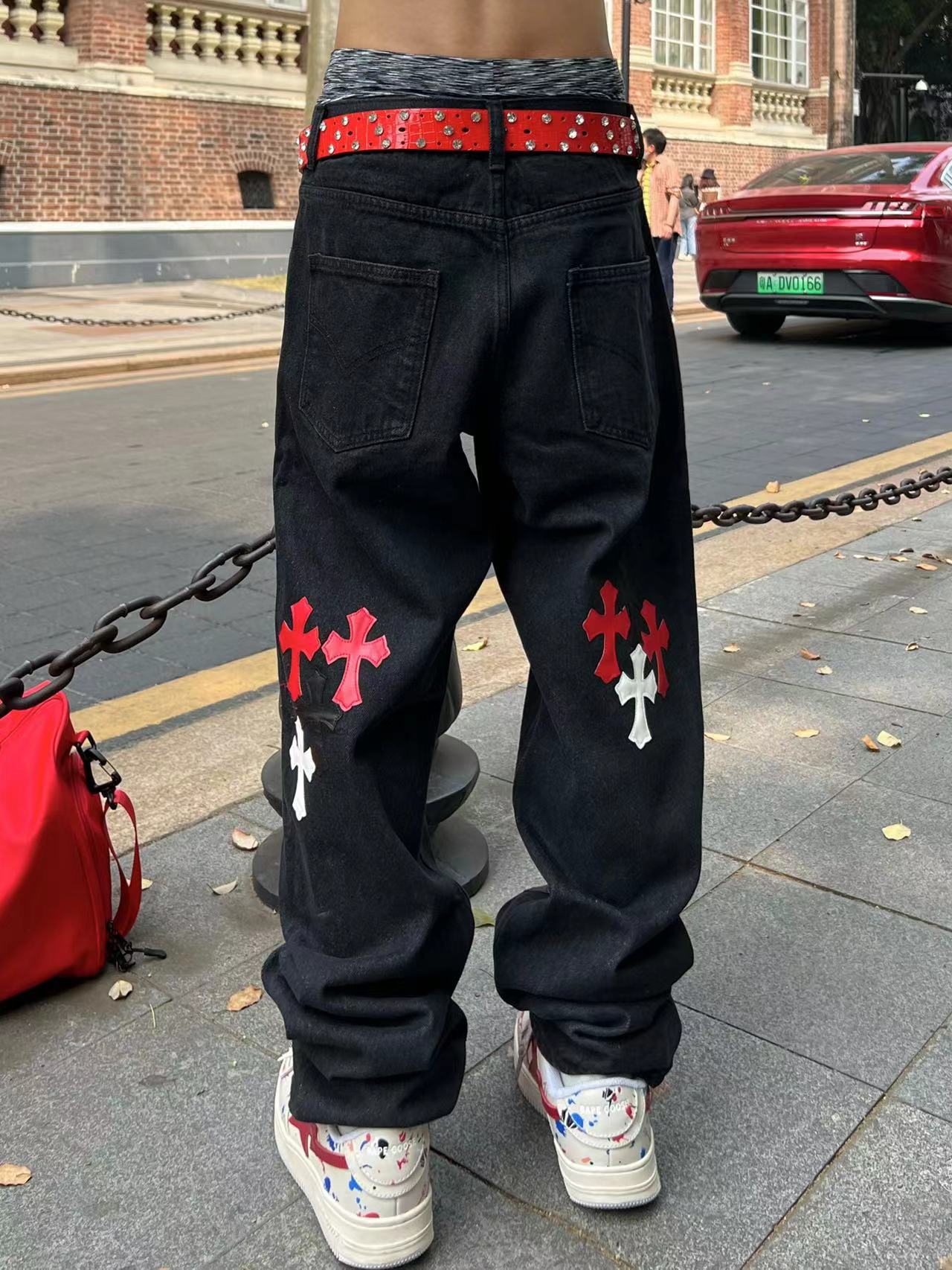 sanyamk 90s streetwear New Original American High Street Cross Jeans Patch All-Match Slim-Fit Stacked Pants Fashion