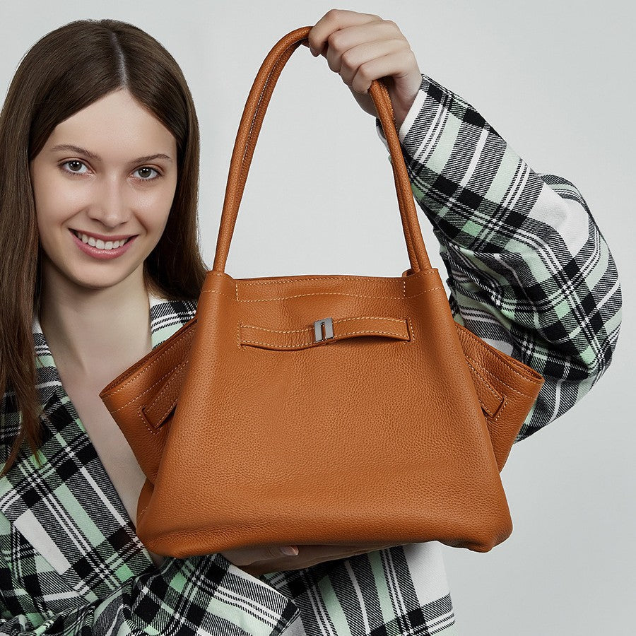 Versatile temperament handbag first layer cowhide simple portable underarm bag pleated vegetable basket bag