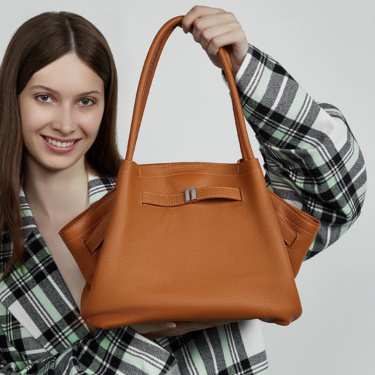 Versatile temperament handbag first layer cowhide simple portable underarm bag pleated vegetable basket bag
