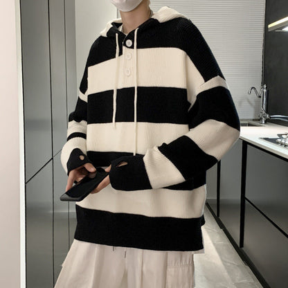 sanyamk skater boy outfits Retro Striped Sweater Sweater Men's Autumn and Winter Japanese Loose Ins Trendy Sports Hooded Sweater Coat