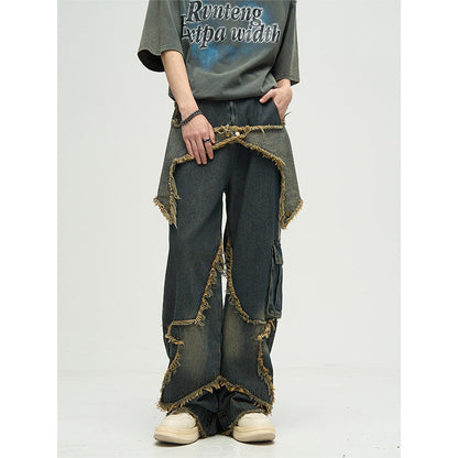 sanyamk skater boy outfits American-Style Retro Multi-Pocket Star Frayed Jeans Men's and Women's Loose Washed Distressed Wide-Leg Pants Summer