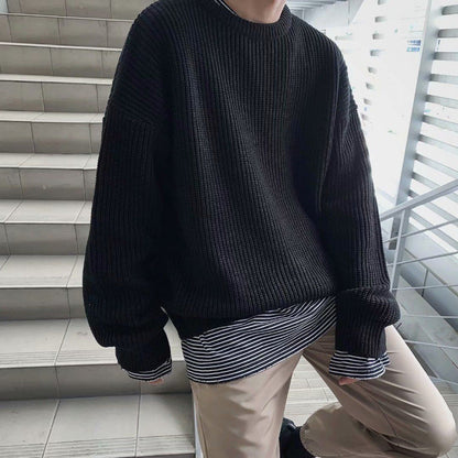 Bonsir fall mens outfits round Neck Sweater for Male Students Hong Kong Style Mori Korean Style Loose Trendy Thickened Autumn and Winter New Bottoming Knitted Fashion