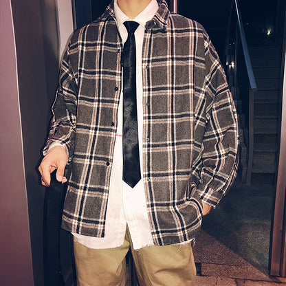 sanyamk 90s fashion men Autumn and Winter New Retro Brushed Ins Plaid Long-Sleeved Shirt Men's Trendy Korean Style Lapel Loose Shirt Jacket