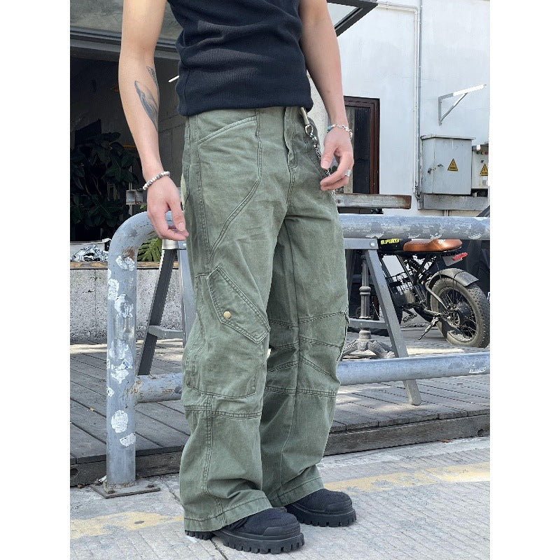 sanyamk guys clothing styles 2024 American Retro Washed Stitching Straight Workwear Jeans Men's and Women's Draping Loose Casual Pants