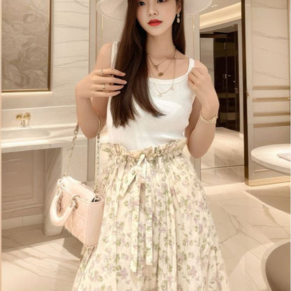 spring and summer new design floral skirt women's gentle wind temperament pleated a word medium and long skirt L1076
