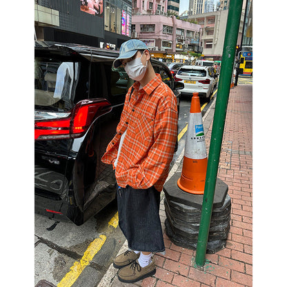 sanyamk 90s streetwear American Retro Plaid Long-Sleeved Shirt Men's Casual Loose Spring and Autumn New Couple Versatile Loose Shirt