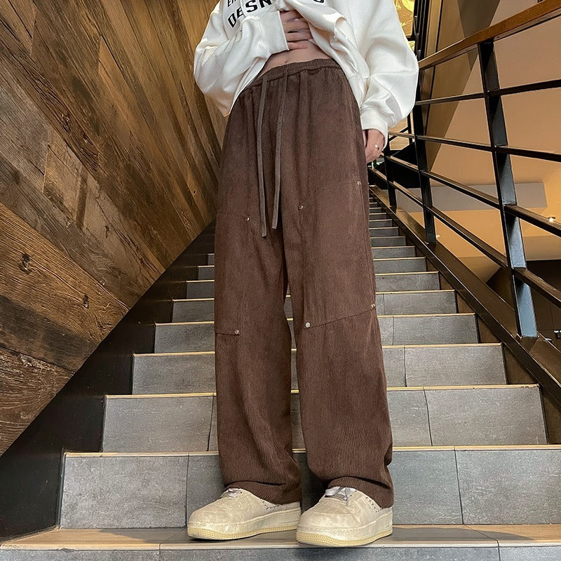 sanyamk men fall outfits casual American Retro Caramel Corduroy Pants Men's Autumn Belt Fixed Maillard Chenille Wide Leg Pants