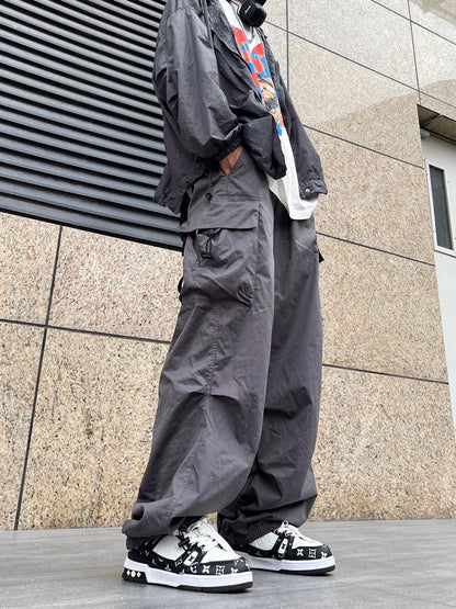 Bonsir boy outfits Japanese Harajuku Style American Style Wide Leg High Street Multi-Pocket Drawstring Casual Pants Loose Oversize Overalls