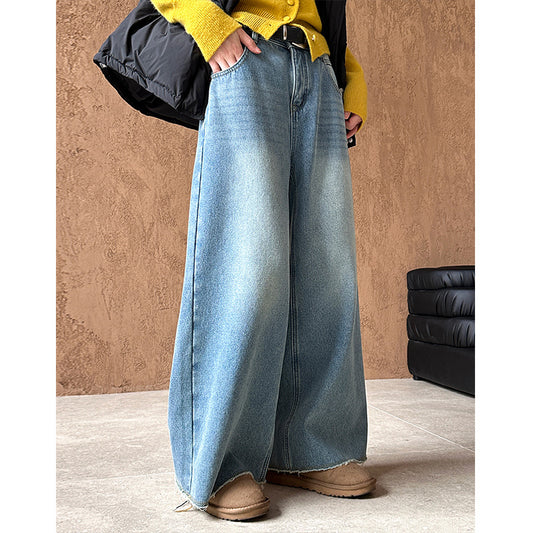 2025 popular autumn and winter new Korean version retro high waist and thin loose velvet jeans 9251-2