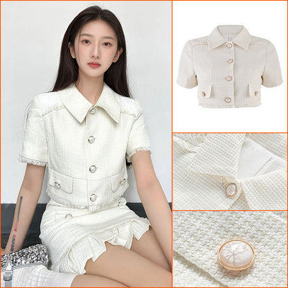 Summer new Xiaoxiangfeng exquisite light luxury high-end rough edge short-sleeved top ruffle leaf edge skirt set L4125