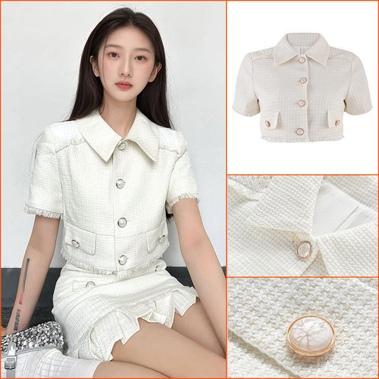 Summer new Xiaoxiangfeng exquisite light luxury high-end rough edge short-sleeved top ruffle leaf edge skirt set L4125