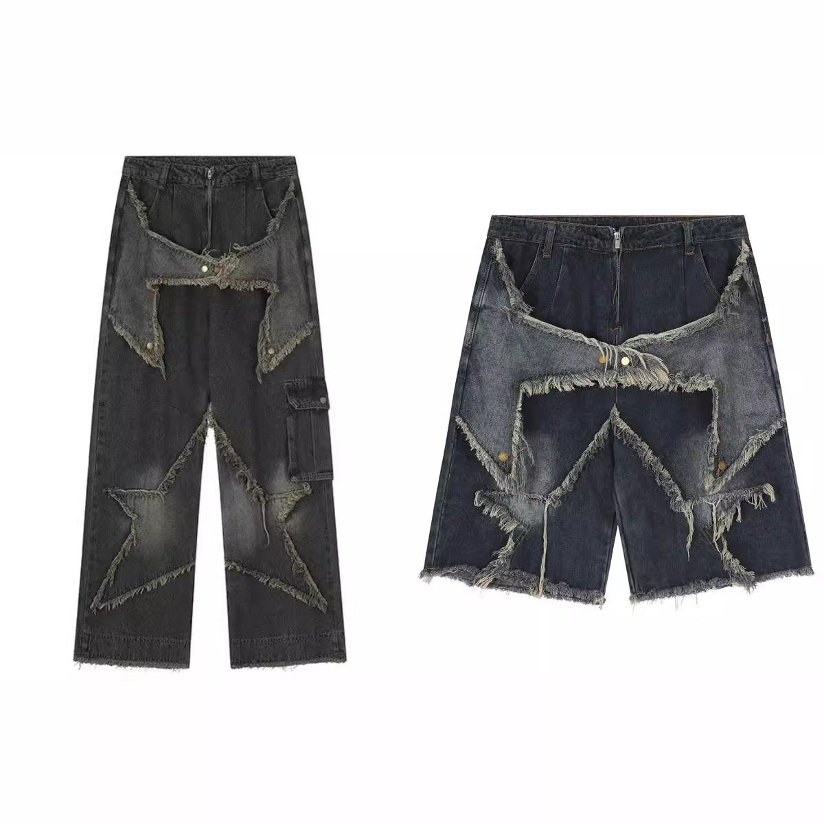 sanyamk skater boy outfits American-Style Retro Multi-Pocket Star Frayed Jeans Men's and Women's Loose Washed Distressed Wide-Leg Pants Summer