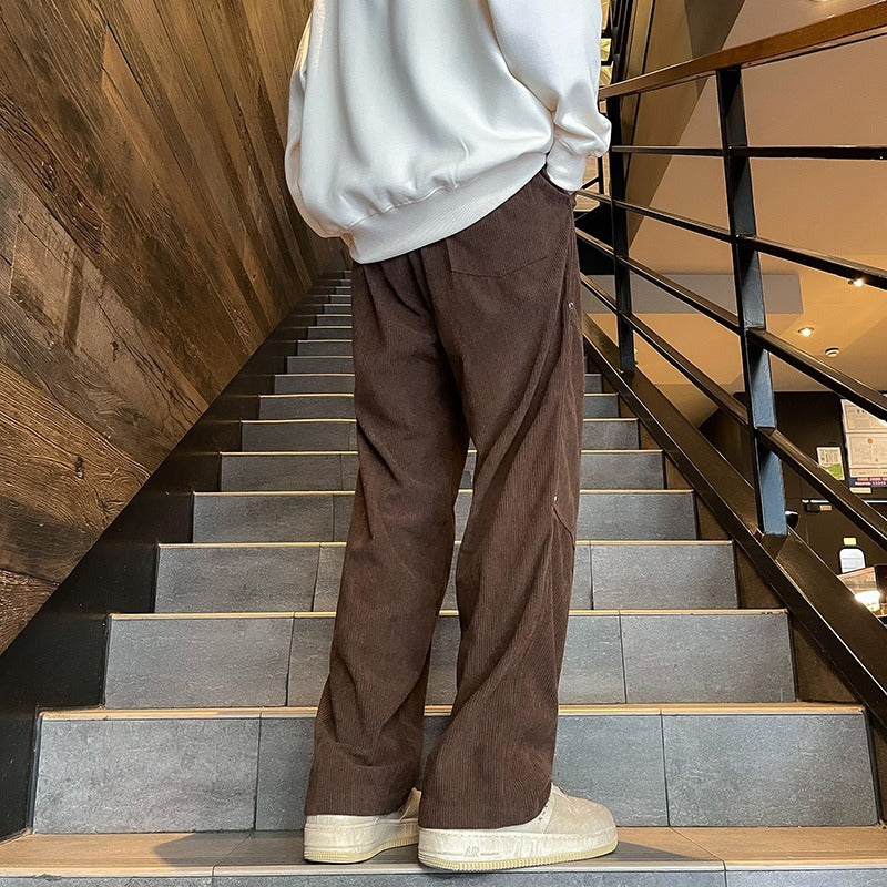 Bonsir men fall outfits casual American Retro Caramel Corduroy Pants Men's Autumn Belt Fixed Maillard Chenille Wide Leg Pants