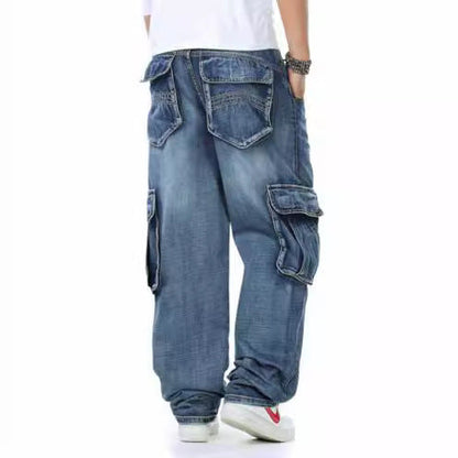 sanyamk 90s fashion men Fat Guy plus Size Fashion Multi-Pocket Wide Jeans plus Size Ins Men's Loose Denim Long Pants