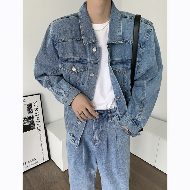 sanyamk outfit ideas Fit Light Blue Workwear American Shoulder Pad Ean Denim Coat Men's Jacket High Street CL Spring and Autumn Shoulder Short