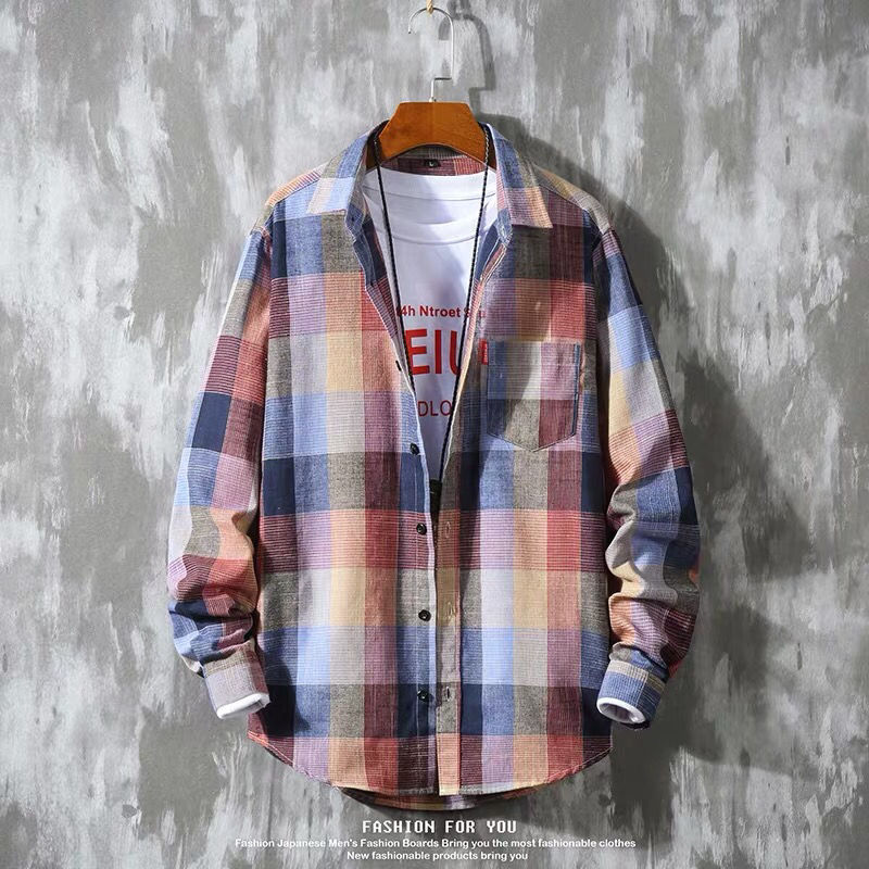 sanyamk mens clothing styles Autumn Hong Kong Style Ins Plaid Shirt Men's Long Sleeve Korean Style Trendy Handsome Jacket Casual Couple Shirt Slim Fit