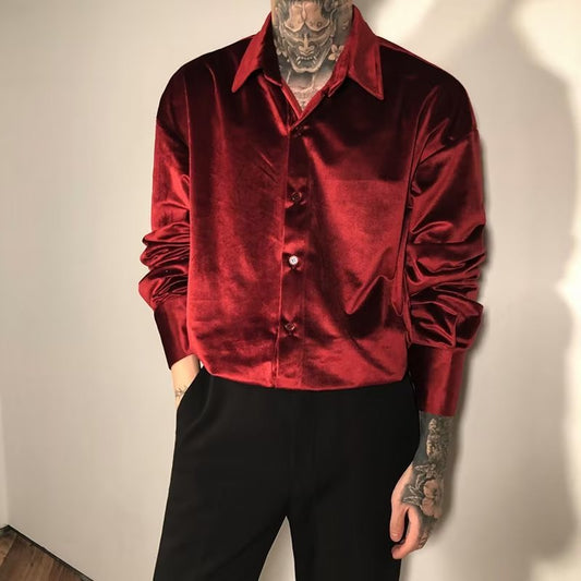 sanyamk 90s fashion men New Men's Korean-Style Shirt Men's Long-Sleeved Summer Korean-Style Loose Wine Red Shirt Men's Thin Inner Fashion