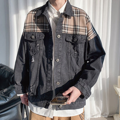 sanyamk mens outfits Denim Jacket Men's Ins Spring and Autumn Hong Kong Style Korean Style Plaid Stitching Loose Casual Jacket Student Top