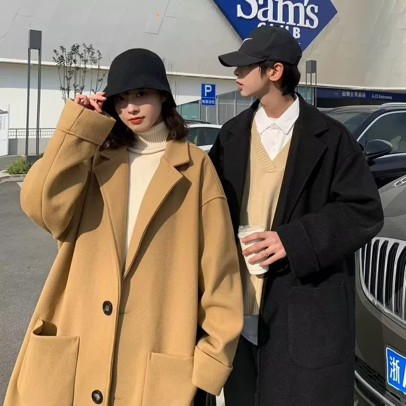 sanyamk old money outfits men Woolen Overcoat Men's Mid-Length Winter High-Grade High Street Black Woolen Trench Coat Winter Thickened Coat Cotton-Padded Coat Fashion