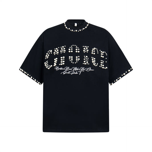 2025 3651 2025n street neutral bead letter niche design men's loose high-end heavy short-sleeved T-shirt