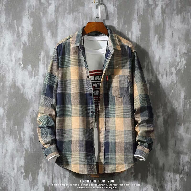 sanyamk mens clothing styles Autumn Hong Kong Style Ins Plaid Shirt Men's Long Sleeve Korean Style Trendy Handsome Jacket Casual Couple Shirt Slim Fit