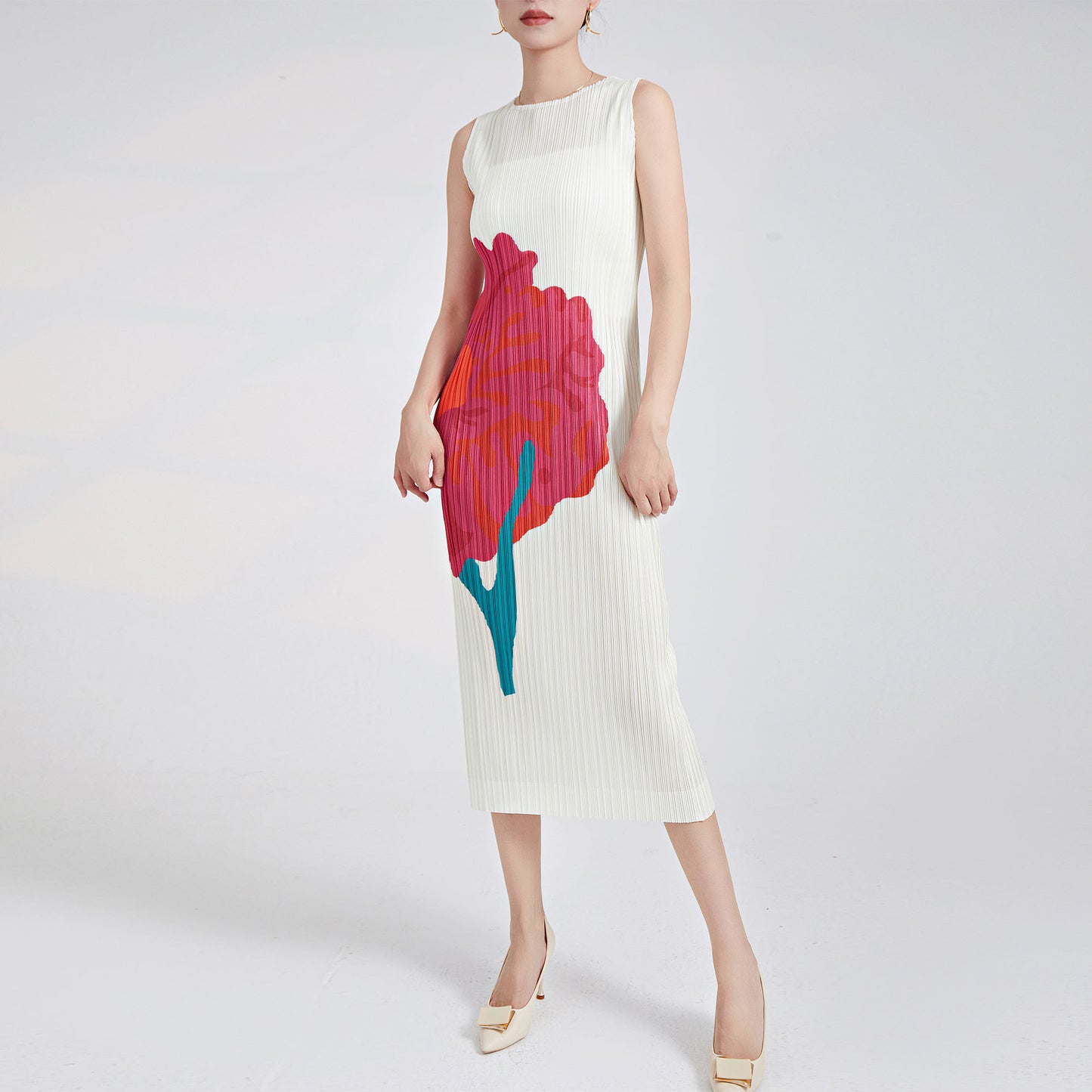 Japanese dress women's summer new counter temperament round neck sleeveless printing high-end pleated long skirt