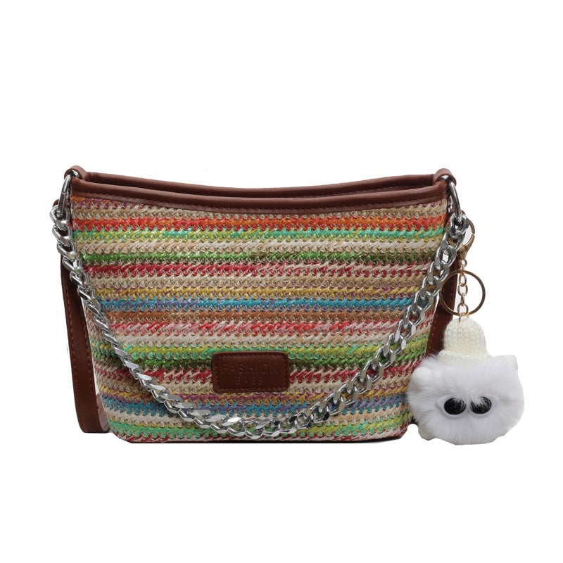 SANYAMK 2025 Versatile straw woven small bag women's popular new fashion chain bucket bag summer popular woven bag messenger bag