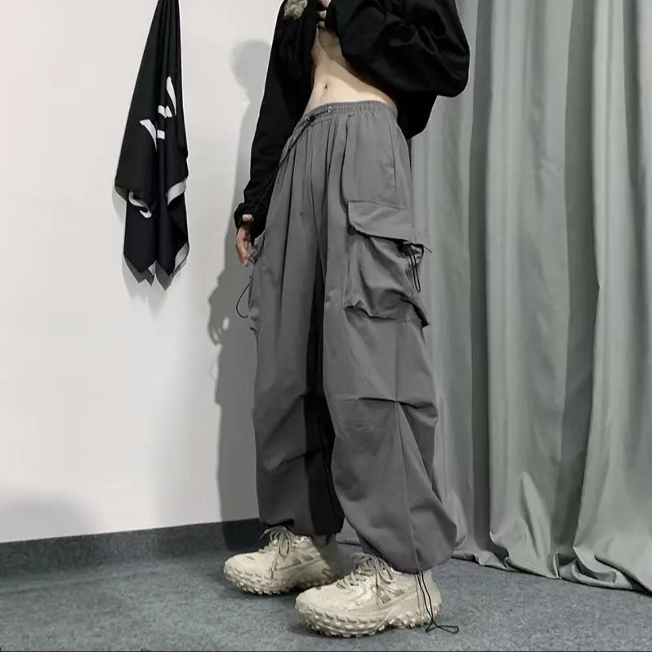 Bonsir starboy outfit Ins American Overalls Men's and Women's High Street Design Drawstring Loose Ankle-Tied Wide-Leg Casual Trousers