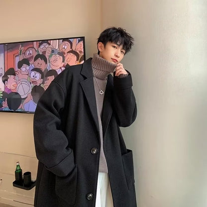 sanyamk old money outfits men Woolen Overcoat Men's Mid-Length Winter High-Grade High Street Black Woolen Trench Coat Winter Thickened Coat Cotton-Padded Coat Fashion