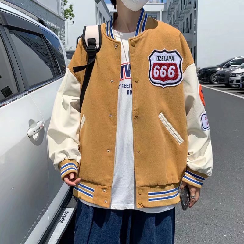 sanyamk 90s Fashion Men Baseball Jacket Men's Spring and Autumn Loose Korean Style Trendy Ins Stitching Contrast Color Letter Casual Top Coat