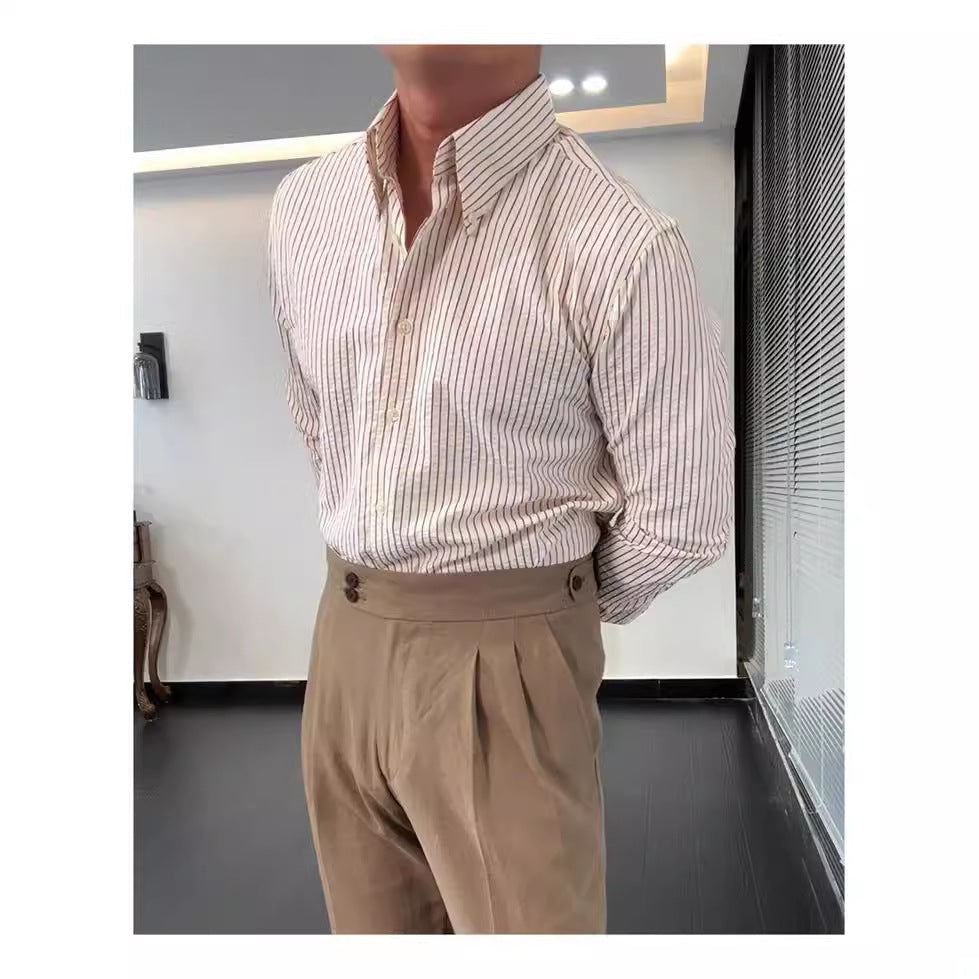 sanyamk semi formal men outfit Autumn Men's Business Casual Slim-Fit Long-Sleeved Shirt High-Grade Red Striped Seersucker Striped Shirt Men