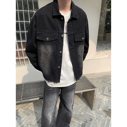 sanyamk mens fashion American-Style Retro Fashionable Washed Distressed Denim Coat Men's Harajuku Frayed Hem Jacket