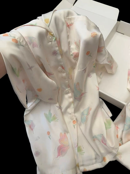 summer ice silk pajamas women's short-sleeved three-piece set sweet butterfly summer light and cool loungewear
