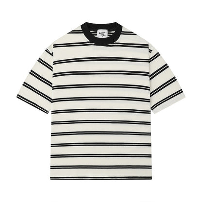 sanyamk boy outfits 2024 Summer New Japanese Retro Striped T-shirt Men's and Women's Small Neckline Half Sleeve Couple Versatile Loose Top Fashion