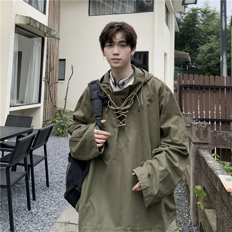 sanyamk 90s fashion Workwear Sweater Men's Japanese Ins Spring and Autumn Hooded Top Loose Pullover Casual Jacket