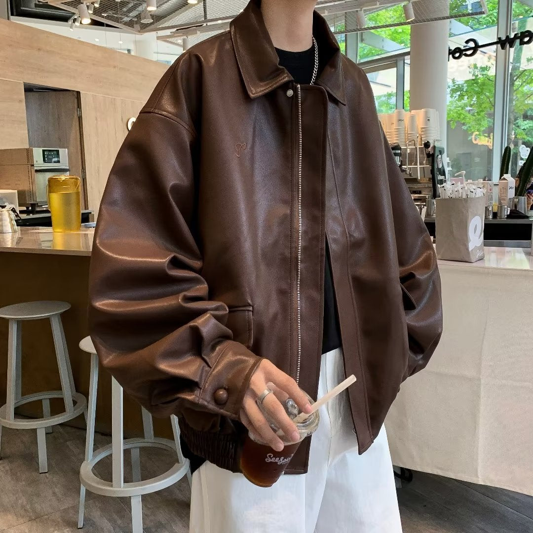 sanyamk fall outfits men Brown Leather Coat for Men and Women 2024 New Spring and Autumn Motorcycle Clothing Short Brown Retro Maillard Jacket