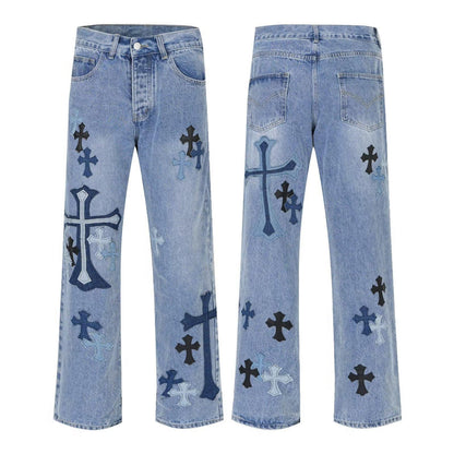 sanyamk 90s streetwear American High Street Original Patch Cross Embroidered Jeans Men's and Women's National Fashion All-Match Slim Slimming Long Pants Fashion