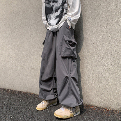 Bonsir boy outfits Multi-Pocket Workwear Casual Wide-Leg Pants Men's Spring and Autumn Hip Hop Ins Loose Straight Ankle-Length Pants