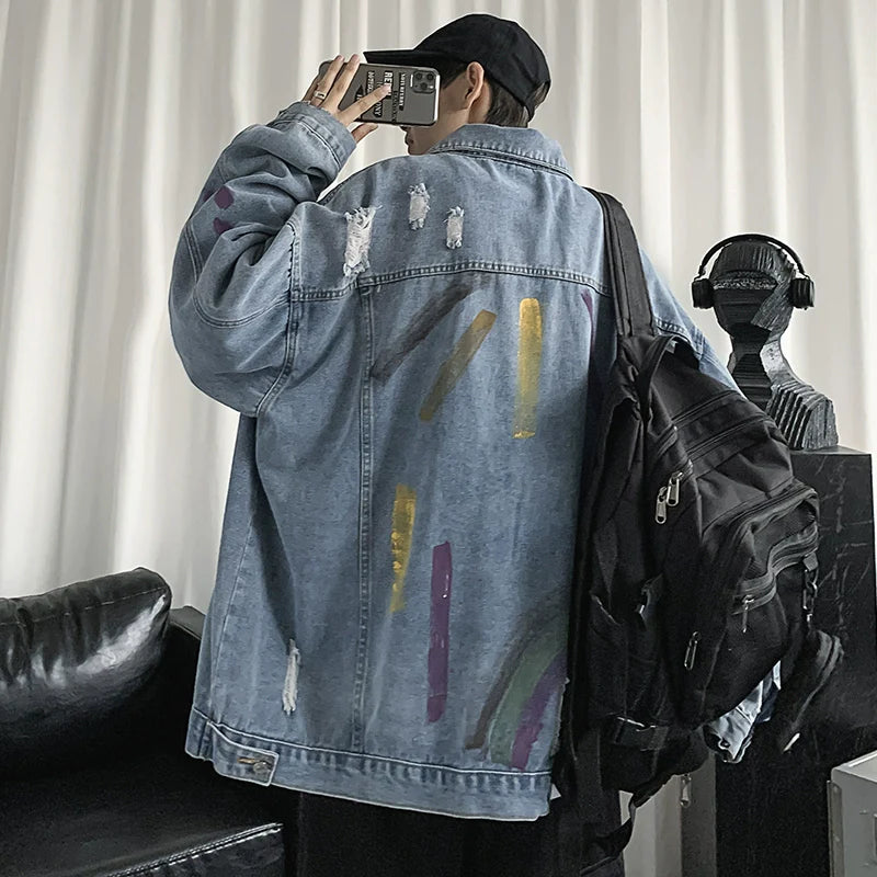 sanyamk Trendy Graffiti Hole Spring & Fall Loose Denim Jacket