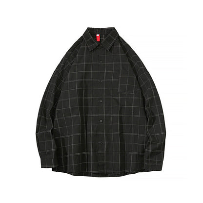 sanyamk fall fits men Summer New Long-Sleeved Shirt Men's Loose Black Plaid Shirt Men's Korean-Style Trendy Spring and Autumn Top