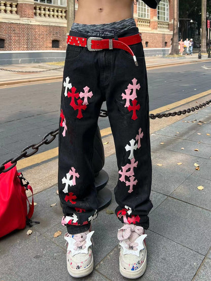 sanyamk 90s streetwear New Original American High Street Cross Jeans Patch All-Match Slim-Fit Stacked Pants Fashion