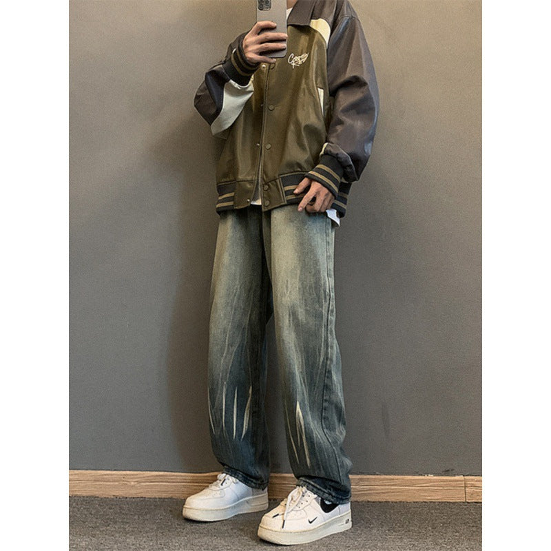 sanyamk masc outfits Washed Jeans Men's Autumn and Winter Ruoshuai Loose Straight Fashion Pants Men's American Retro Casual Trousers