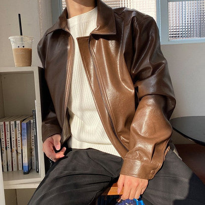 sanyamk fall outfits men Retro Youth Short Leather Jacket Men's Loose Korean Style Motorcycle Jacket Pilot Leather Jacket Fashion