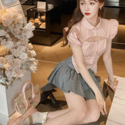 Summer new doll collar short-sleeved hollow shirt top gray bow pleated skirt set L4107